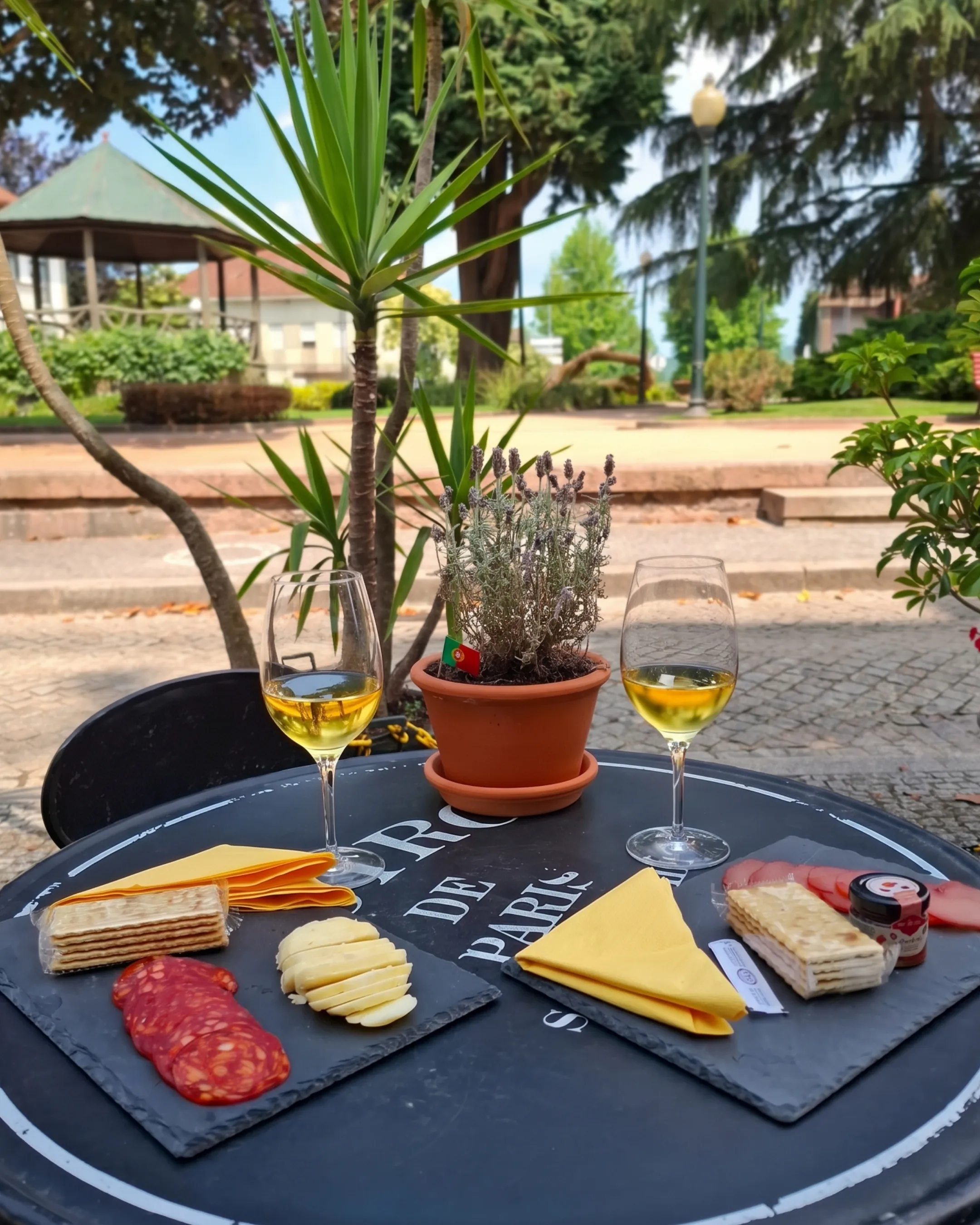 Dois copos de vinho branco com tábuas de queijo e enchidos